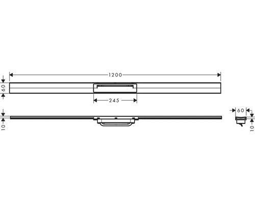 Technische Zeichnung einer Duschrinne mit Maßangaben