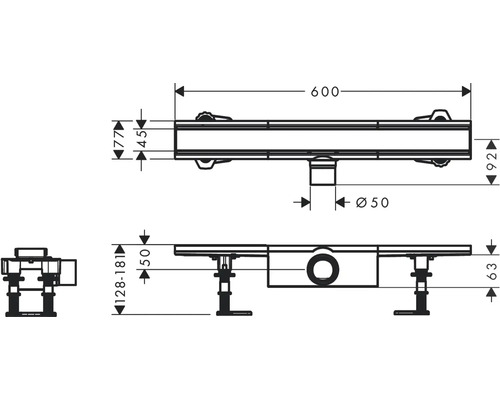 Technische Zeichnung einer Duschrinne mit Maßangaben.