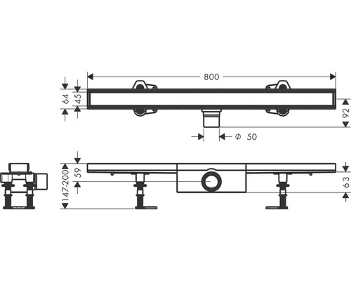Technische Zeichnung einer Duschrinne mit Maßangaben.