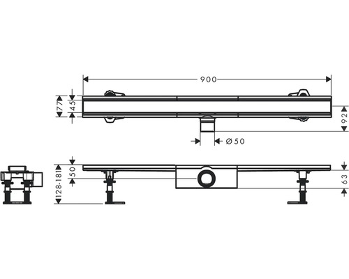 Technische Zeichnung einer Duschrinne mit Maßangaben