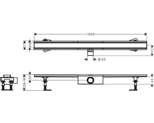 Technische Zeichnung einer Duschrinne mit Maßangaben