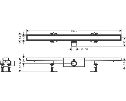Technische Zeichnung einer Duschrinne mit Maßangaben