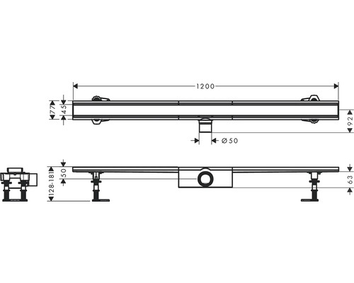 Technische Zeichnung einer Duschrinne mit Maßangaben.