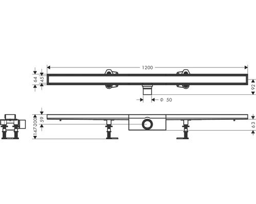 Technische Zeichnung einer Duschrinne mit Maßangaben
