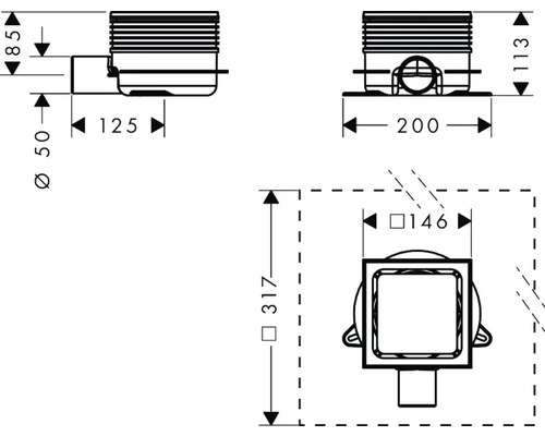 Technische Zeichnung eines Bodenablaufs mit Maßen