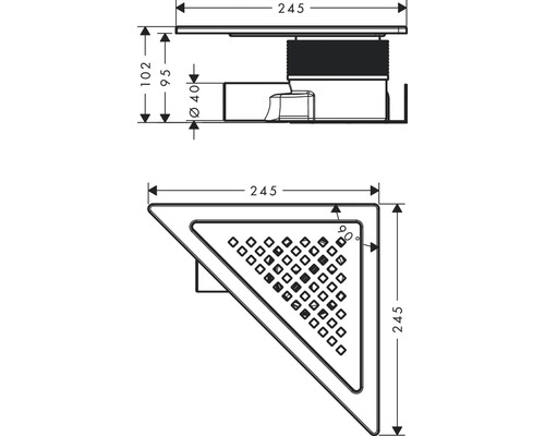 Technische Zeichnung eines Eckablaufs mit den Maßen 245 x 245 Millimeter und einem Rohrdurchmesser von 40 Millimeter.