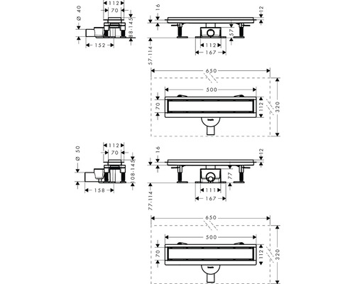 Technische Zeichnung einer Duschrinne mit Maßen