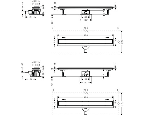Technische Zeichnung einer Duschrinne mit Maßangaben