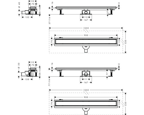 Technische Zeichnung einer Duschrinne mit Maßangaben