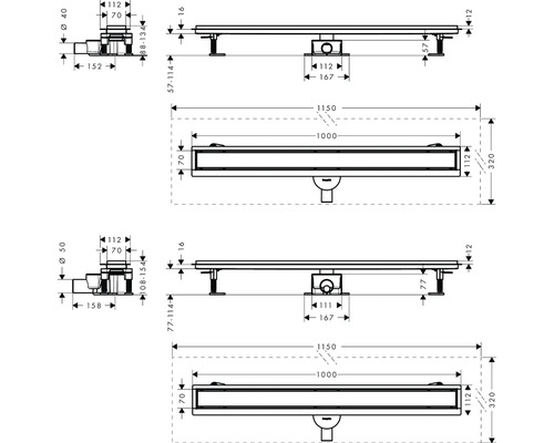 Technische Zeichnung einer Duschrinne mit Maßangaben