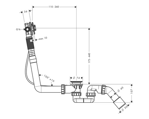 Technische Zeichnung eines Siphons mit Maßangaben