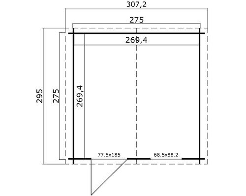 Grundriss eines Gartenhauses mit Maßangaben