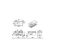 Technische Zeichnung eines Waschtischunterschranks mit Waschbecken und Maßen