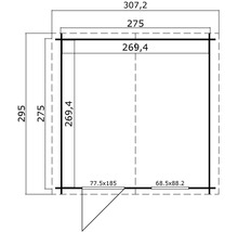 Grundrisszeichnung eines Gartenhauses mit Maßangaben.