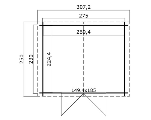 Grundrisszeichnung eines Gartenhauses mit Maßangaben