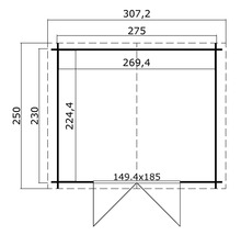 Grundrisszeichnung eines Gartenhauses mit Maßen