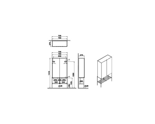 Technische Zeichnung eines Badezimmerschranks mit Maßen