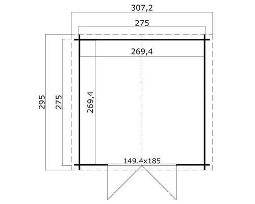 Technische Zeichnung eines Gartenhauses mit Maßangaben