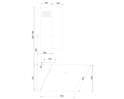 Technische Zeichnung einer Dunstabzugshaube mit Maßangaben