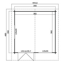 Grundrisszeichnung eines Gartenhauses mit Maßangaben