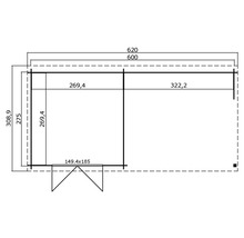 Grundrisszeichnung eines Gartenhauses mit Maßangaben