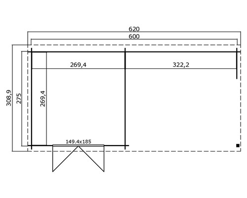 Grundrisszeichnung eines Gartenhauses mit Maßangaben.