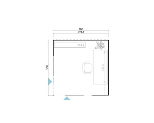 Grundriss eines Büros mit Schreibtisch, Stuhl und Pflanze