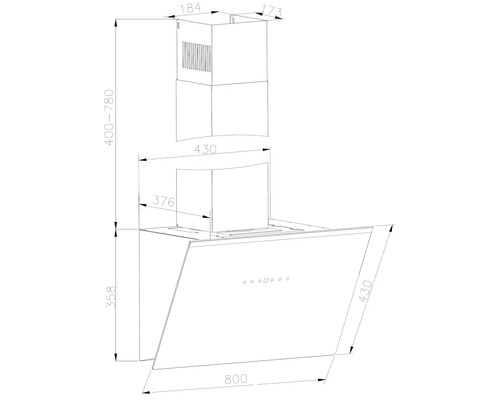 Technische Zeichnung einer Dunstabzugshaube mit Maßangaben.