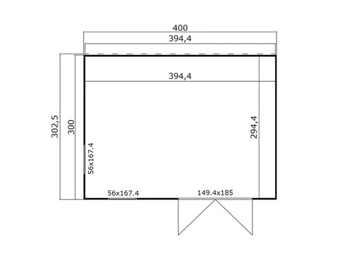 Technische Zeichnung eines Gartenhauses mit Maßangaben