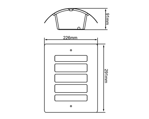 Technische Zeichnung einer Briefkastenanlage mit fünf Fächern und Größenangaben