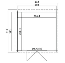 Grundrisszeichnung eines Gartenhauses mit Maßangaben