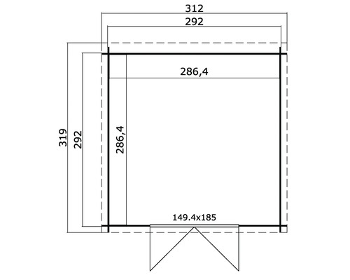 Grundrisszeichnung eines Gartenhauses mit Abmessungen.