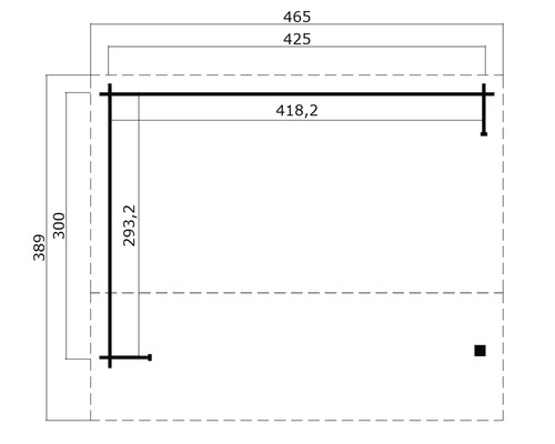 Technische Zeichnung mit Maßangaben eines Gartenhauses