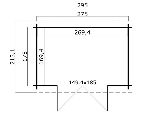 Grundrisszeichnung eines Gartenhauses mit Maßangaben