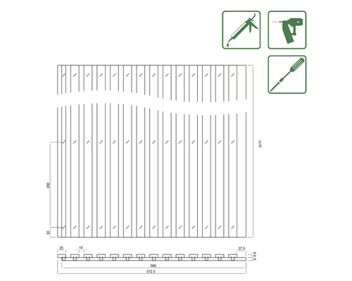 Technische Zeichnung einer Fassadenverkleidung mit Maßangaben