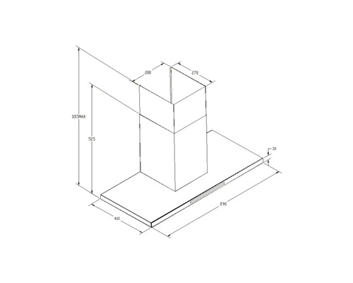 Technische Zeichnung einer Dunstabzugshaube mit Maßangaben