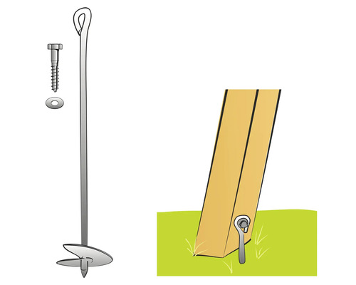 Erdanker mit Schraube und Unterlegscheibe zur Befestigung von Holzpfosten im Garten