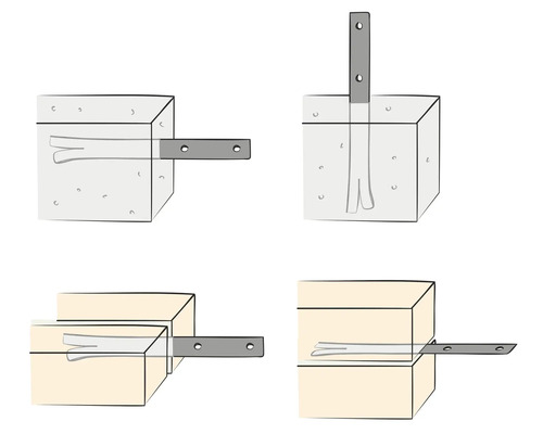 Illustrationen verschiedener Anbringungsarten für Ankerhülsen in Beton und Holz