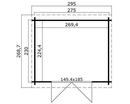 Grundrisszeichnung eines Gartenhauses mit Maßangaben