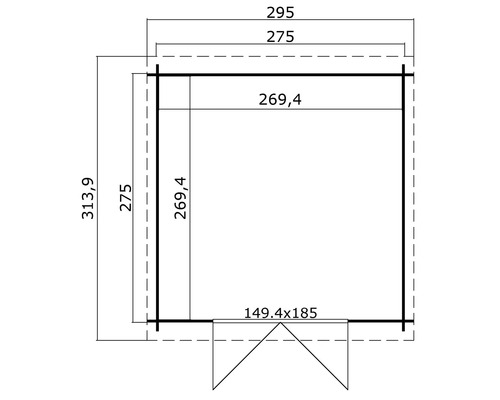 Technische Zeichnung eines Gartenhauses mit Maßangaben