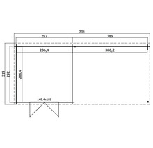 Grundrisszeichnung eines Gartenhauses mit Maßangaben.