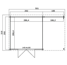 Grundrisszeichnung eines Gartenhauses mit Maßangaben