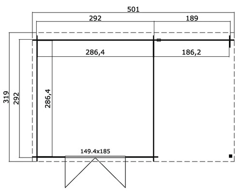 Grundrisszeichnung eines Gartenhauses mit Maßangaben.