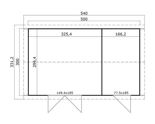 Technische Zeichnung eines Gerätehauses mit Maßangaben.