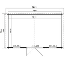Grundrisszeichnung einer Gartenlaube mit Maßangaben