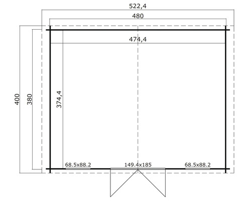 Grundrisszeichnung eines Gartenhauses mit Maßangaben