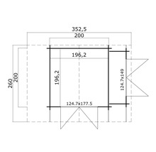 Grundrisszeichnung eines Gartenhauses mit Maßangaben