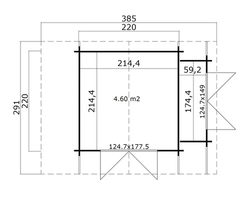 Grundrisszeichnung eines Gartenhauses mit Maßangaben