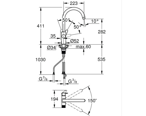 Technische Zeichnung einer Küchenarmatur mit Maßen