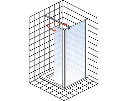 Begehbare Dusche mit schwenkbarer Duschwand aus Glas auf Duschwanne